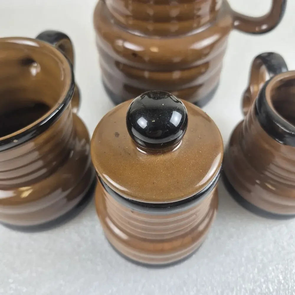 Vintage 1960s Japan Glazed Ribbed Ceramic Coffee Tea Set Pot Sugar Mug 6-Pc